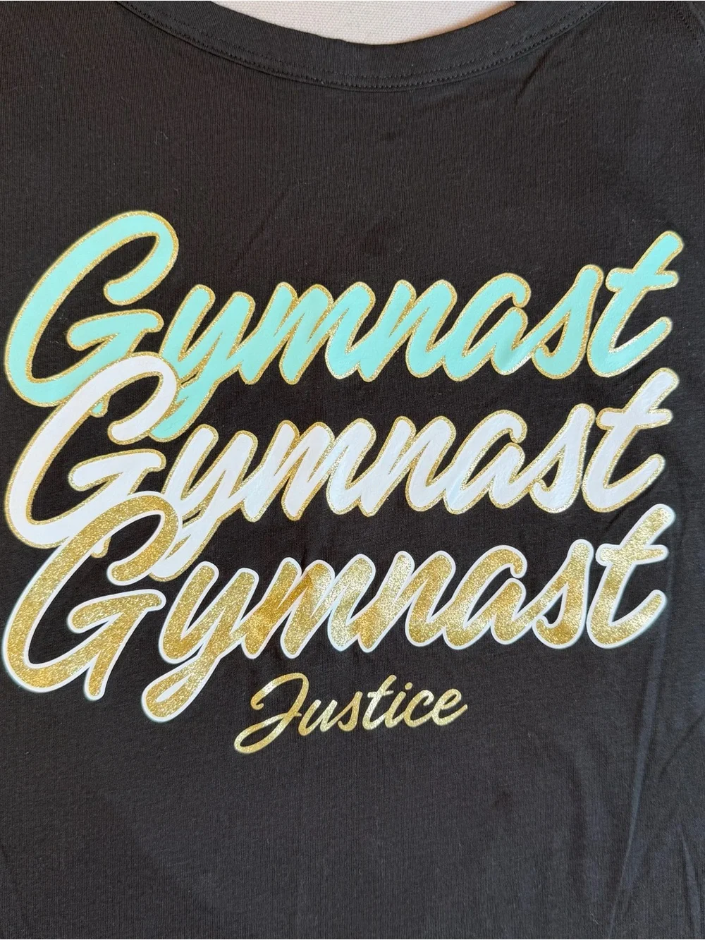 Justice szXL Black Long Sleeve Open Back Crop Top with Multicolor Gymnast Script